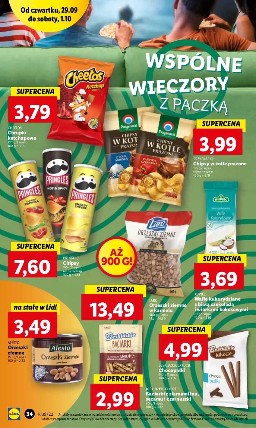 Gazetka promocyjna Lidl - GAZETKA - ważna 29.09 do 01.10.2022 - strona 34 - produkty: Beskidzki, Cheetos, Chipsy, Chrupki, Ketchup, Koc, Kokos, Kupiec, Orzeszki, Orzeszki ziemne, Piec, Pringles, Przysnacki, Sezam, Wafle