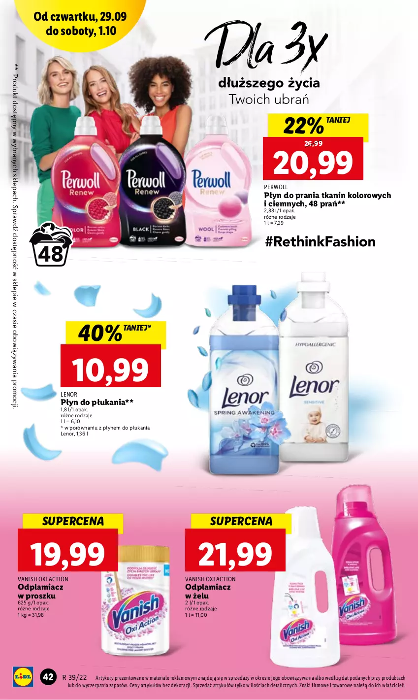 Gazetka promocyjna Lidl - GAZETKA - ważna 29.09 do 01.10.2022 - strona 42 - produkty: Lenor, Odplamiacz, Perwoll, Płyn do płukania, Płyn do prania, Por, Vanish