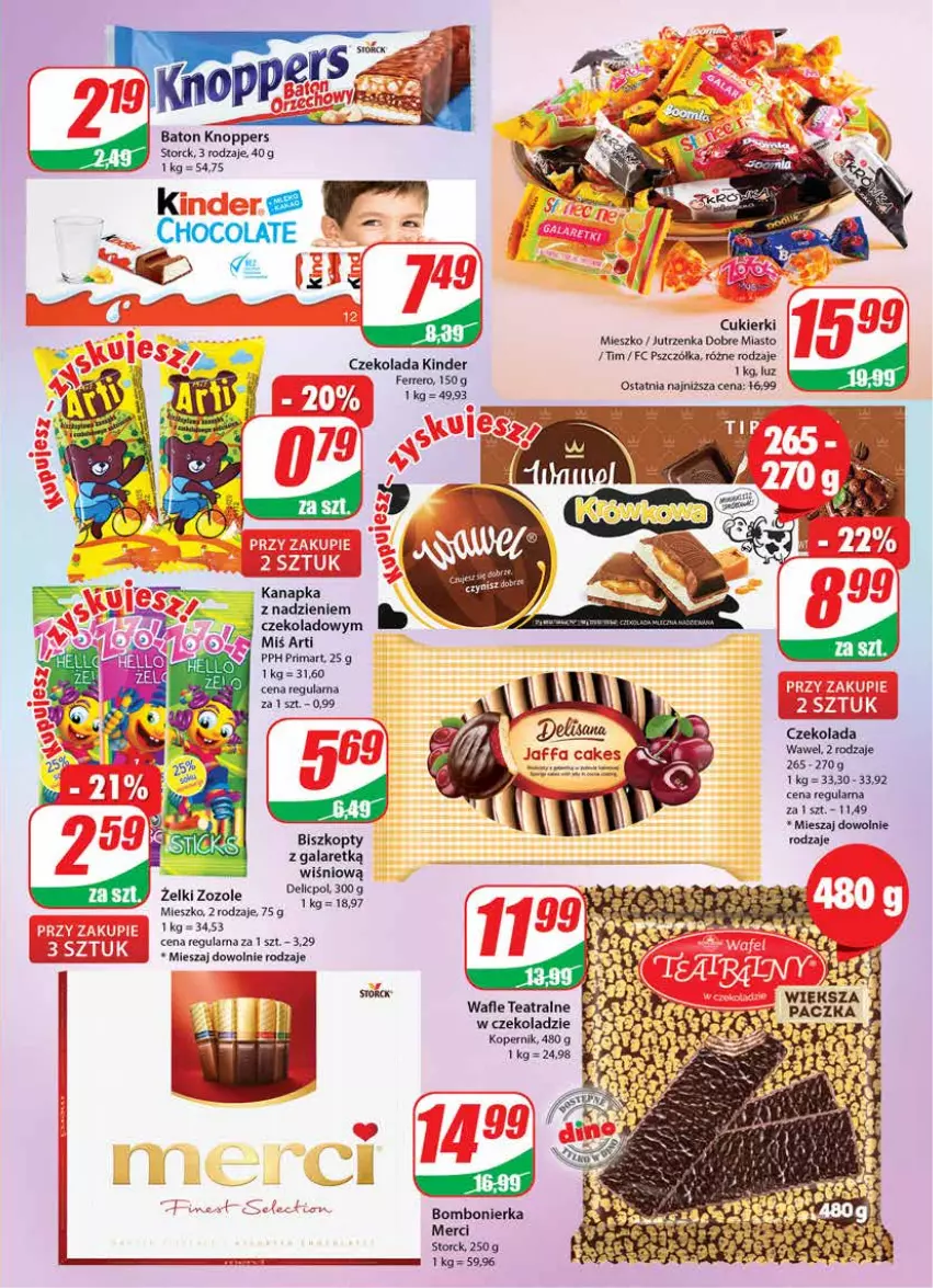 Gazetka promocyjna Dino - Gazetka - ważna 22.02 do 28.02.2023 - strona 3 - produkty: Baton, Biszkopty, Cukier, Cukierki, Czekolada, Ferrero, Gala, Jutrzenka, Kinder, Knoppers, Merci, Prima, Wafle, Wawel