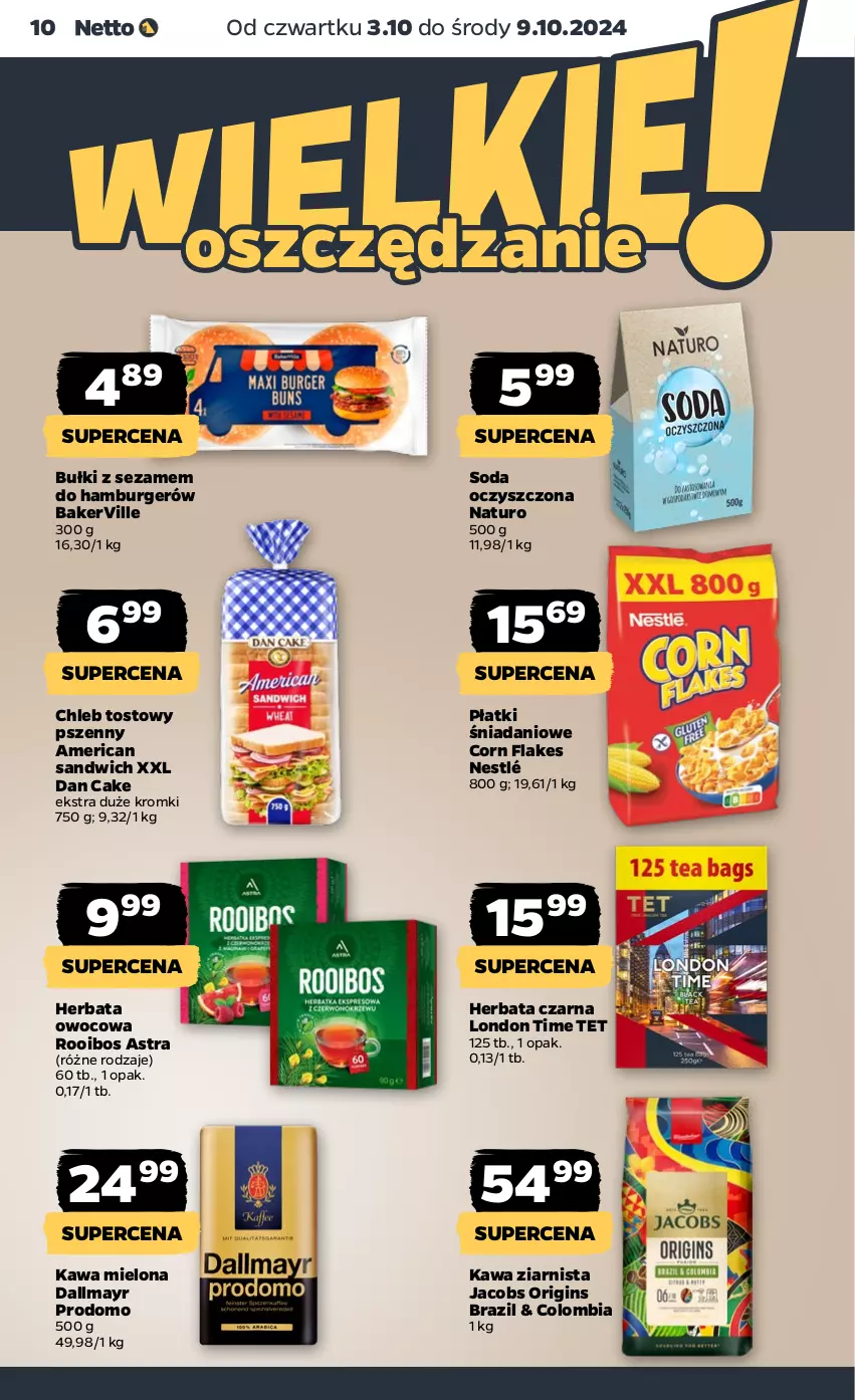 Gazetka promocyjna Netto - Netto Gazetka Food 40/24B - ważna 03.10 do 09.10.2024 - strona 10 - produkty: Burger, Chleb, Chleb tostowy, Corn flakes, Dallmayr, Dan Cake, Danio, Gin, Hamburger, Herbata, Herbata czarna, Herbata owocowa, Jacobs, Kawa, Kawa mielona, Kawa ziarnista, Nestlé, Sezam, Soda oczyszczona