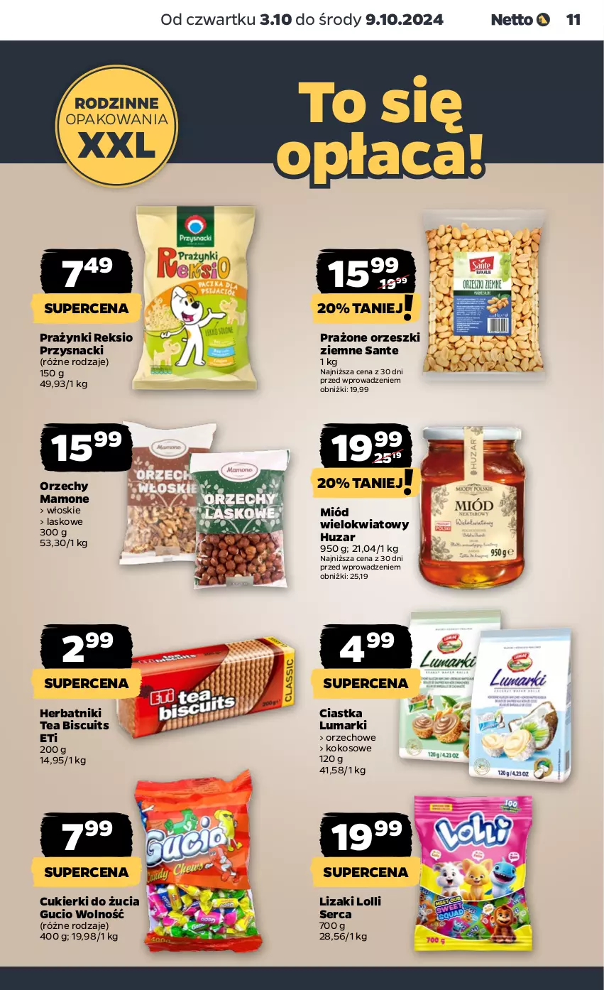 Gazetka promocyjna Netto - Netto Gazetka Food 40/24B - ważna 03.10 do 09.10.2024 - strona 11 - produkty: Ciastka, Cukier, Cukierki, Herbatniki, Kokos, Lizaki, Miód, Orzeszki, Orzeszki ziemne, Przysnacki, Sante, Ser