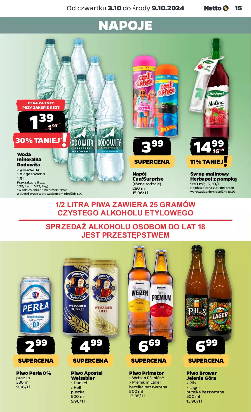 Gazetka promocyjna Netto - Netto Gazetka Food 40/24B - ważna 03.10 do 09.10.2024 - strona 15 - produkty: Gra, Herbapol, Napój, Napoje, Perła, Piwa, Piwo, Prima, Syrop, Woda, Woda mineralna