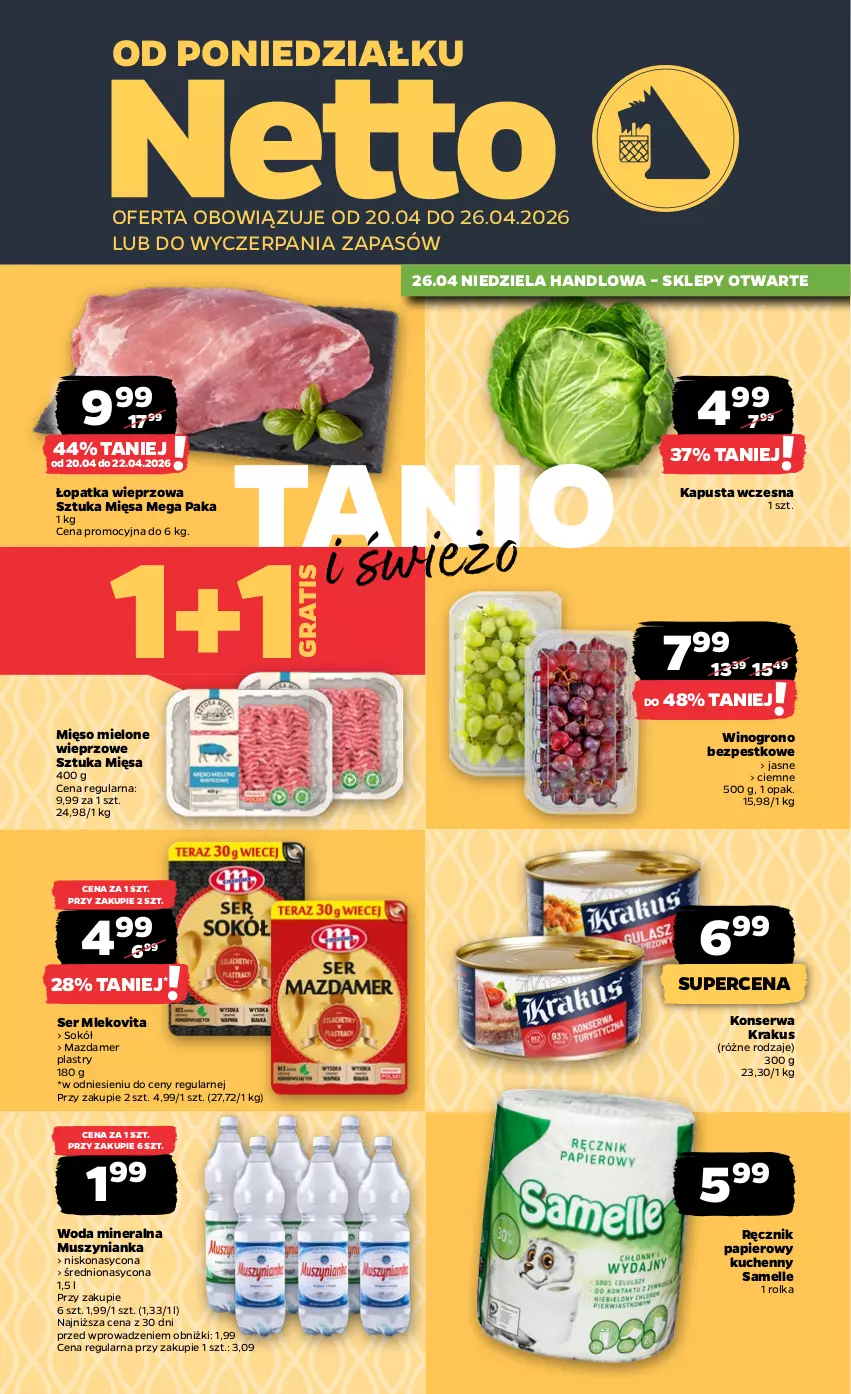 Gazetka promocyjna Netto - Od Poniedziałku - ważna 20.04 do 26.04.2026 - strona 1 - produkty: Gra, Krakus, Mazdamer, Mięso, Mięso mielone, Mleko, Mlekovita, Mus, Muszynianka, Papier, Ręcznik, Ser, Sok, Sokół, Wino, Woda, Woda mineralna