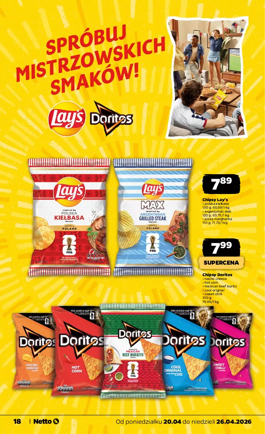 Gazetka promocyjna Netto - Od Poniedziałku - ważna 20.04 do 26.04.2026 - strona 18 - produkty: Chipsy, Gin, Kiełbasa, Lay’s, Pizza, Pizza margherita, Stek