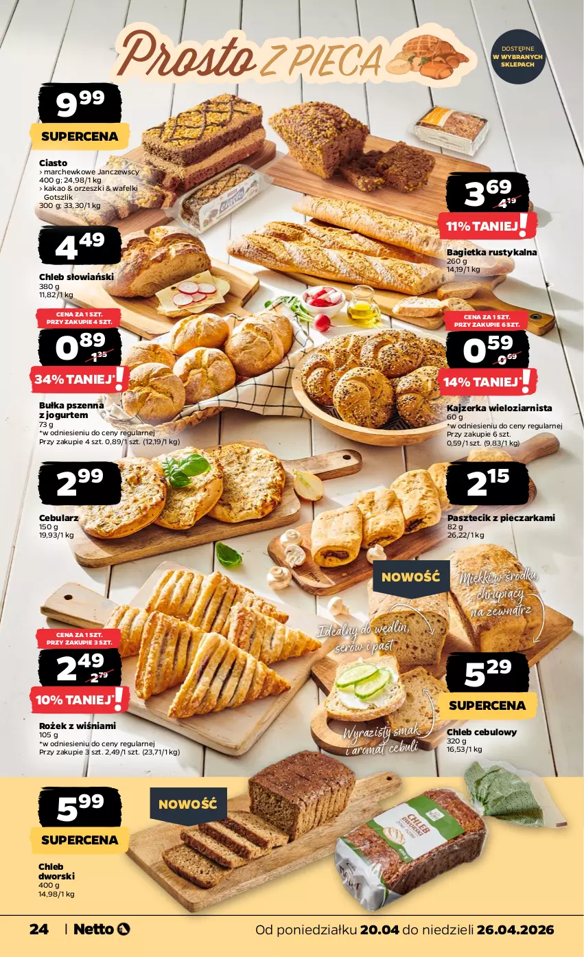 Gazetka promocyjna Netto - Od Poniedziałku - ważna 20.04 do 26.04.2026 - strona 24 - produkty: Bagietka, Bułka, Cebula, Chleb, Jogurt, Kajzerka, Kakao, Orzeszki, Pasztecik z pieczarkami, Piec, Pieczarka, Rust, Ser