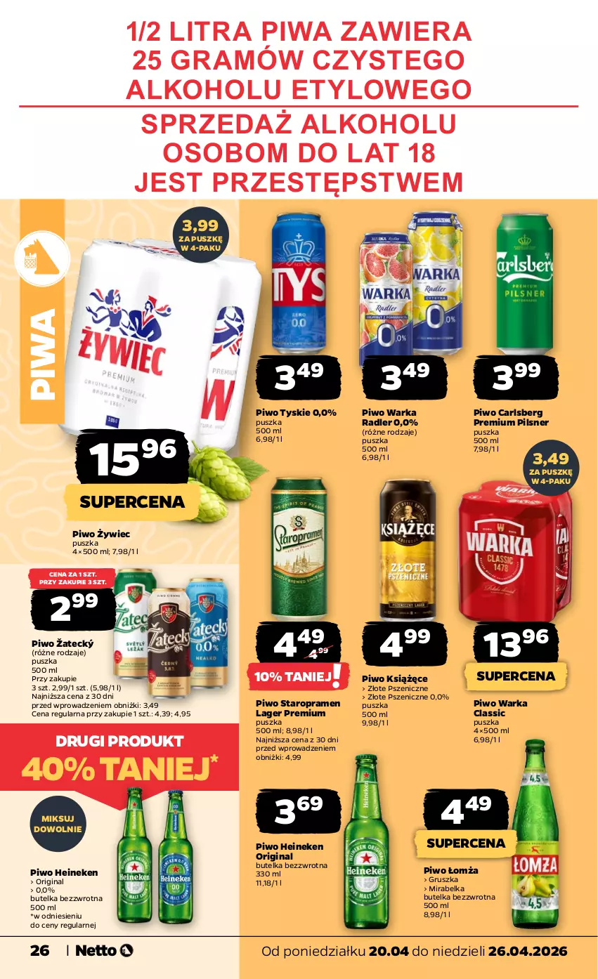 Gazetka promocyjna Netto - Od Poniedziałku - ważna 20.04 do 26.04.2026 - strona 26 - produkty: Carlsberg, Gin, Gra, Heineken, Książęce, Piwa, Piwo, Radler, Tyskie, Warka