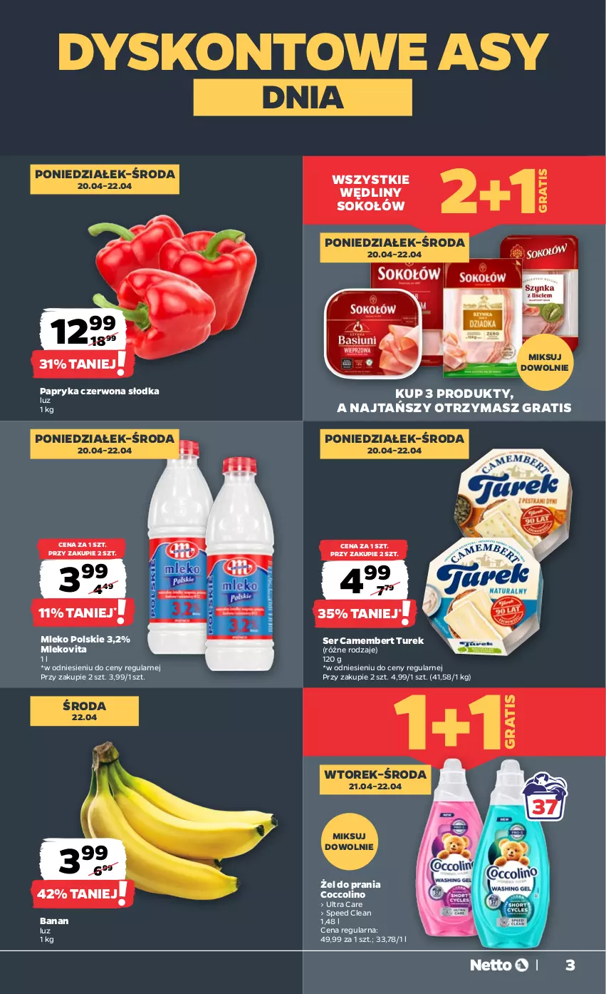 Gazetka promocyjna Netto - Od Poniedziałku - ważna 20.04 do 26.04.2026 - strona 3 - produkty: Camembert, Coccolino, Gra, Mleko, Mlekovita, Papryka, Papryka czerwona, Ser, Sok, Sokołów
