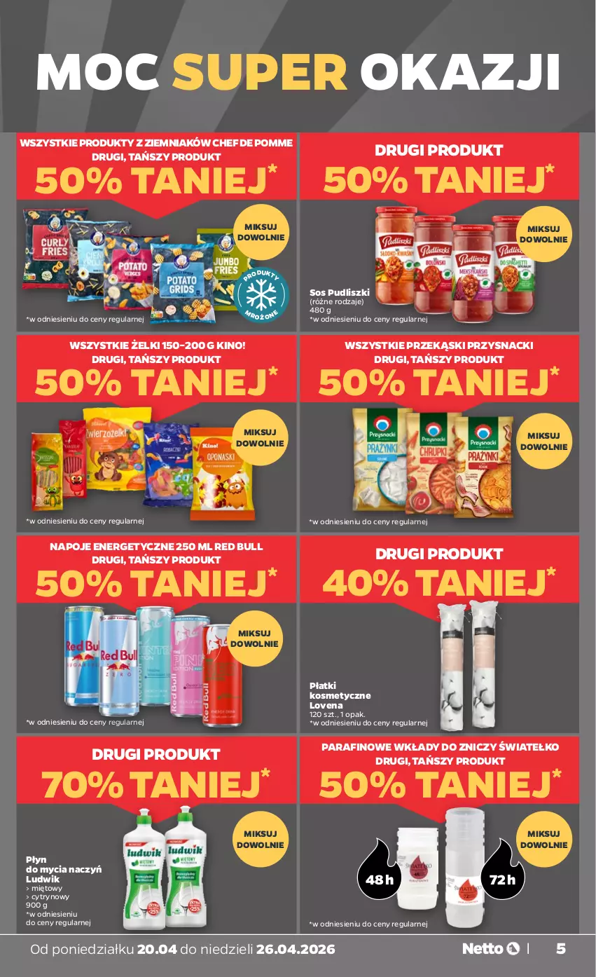 Gazetka promocyjna Netto - Od Poniedziałku - ważna 20.04 do 26.04.2026 - strona 5 - produkty: Do mycia naczyń, Ludwik, Napoje, Płatki kosmetyczne, Płyn do mycia, Płyn do mycia naczyń, Przysnacki, Pudliszki, Red Bull, Sos, Znicz