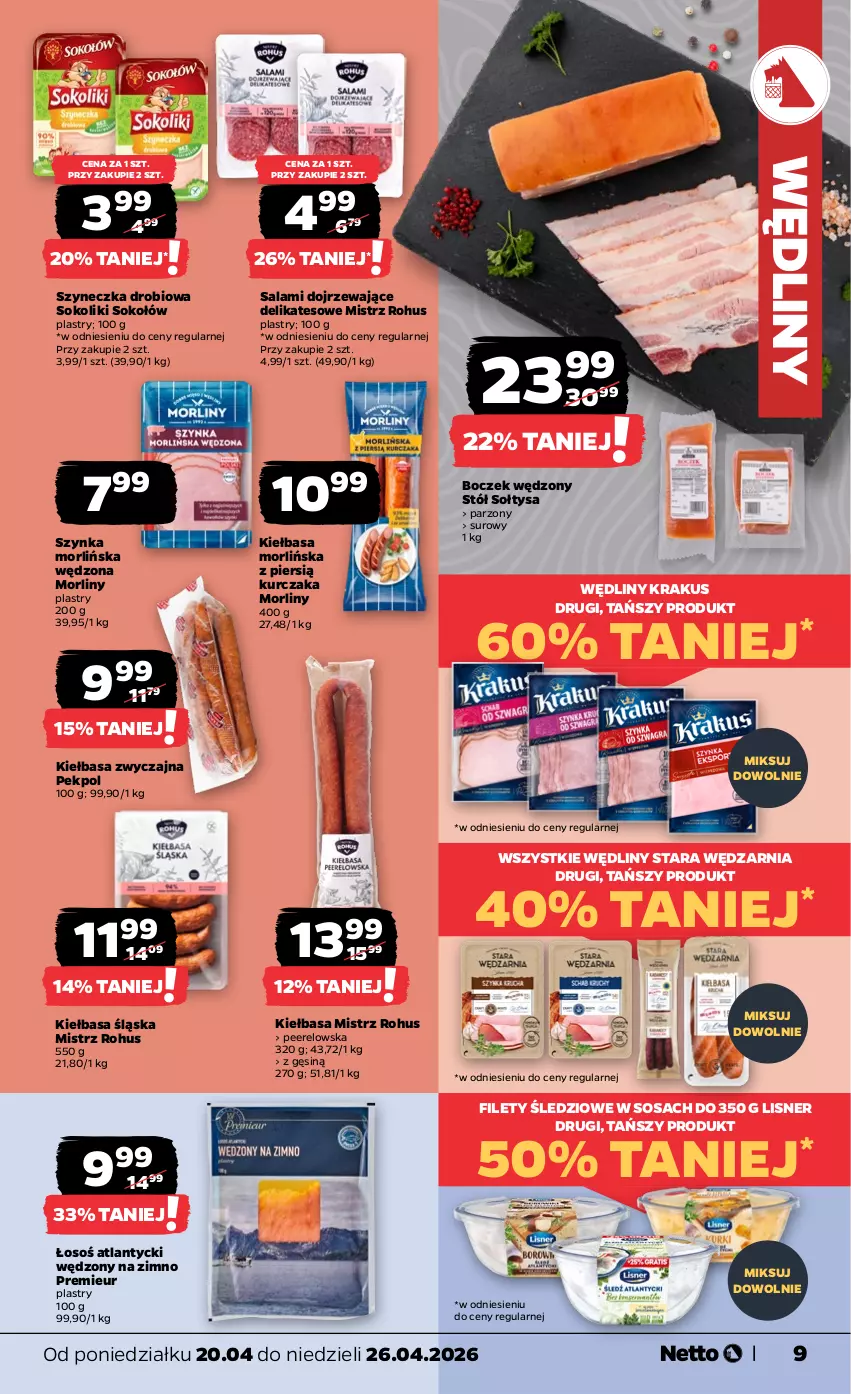 Gazetka promocyjna Netto - Od Poniedziałku - ważna 20.04 do 26.04.2026 - strona 9 - produkty: Boczek, Kiełbasa, Kiełbasa śląska, Krakus, Kurczak, Lisner, Morliny, Pekpol, Salami, Sok, Sokołów, Sos, Stół, Szynka