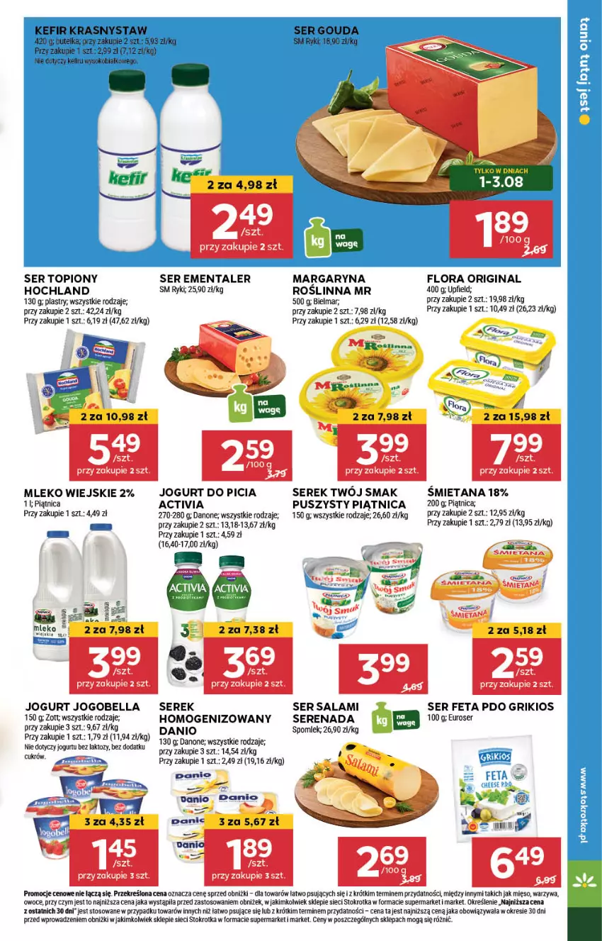 Gazetka promocyjna Stokrotka - Market - ważna 01.08 do 07.08.2024 - strona 13 - produkty: Activia, Bell, Bella, Danone, Ementaler, Feta, Flora, Gin, Hochland, Jogobella, Jogurt, Margaryna, Miecz, Mięso, Mleko, Owoce, Piątnica, Salami, Ser, Ser salami, Ser topiony, Serek, Top, Twój Smak, Warzywa