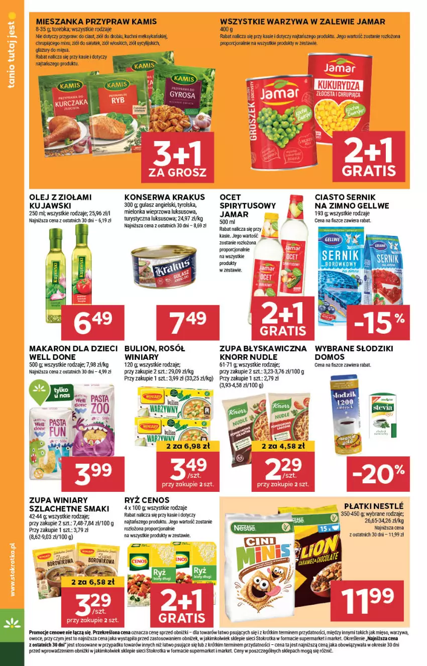 Gazetka promocyjna Stokrotka - Market - ważna 01.08 do 07.08.2024 - strona 14 - produkty: Bulion, Cenos, Ciasto sernik, Dzieci, Gyros, Kamis, Knorr, Krakus, Kujawski, Lazur, Lion, Makaron, Mięso, Ocet, Olej, Owoce, Por, Rosół, Ryż, Sałat, Ser, Torebka, Warzywa, Winiary, Zupa