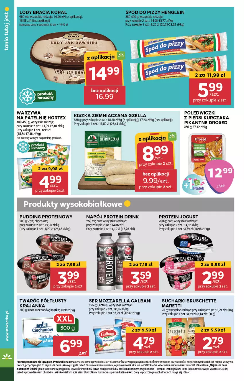 Gazetka promocyjna Stokrotka - Market - ważna 01.08 do 07.08.2024 - strona 16 - produkty: Bruschette, Galbani, Hortex, Jogurt, Kurczak, Lody, Mięso, Mozzarella, Napój, Owoce, Pudding, Ser, Spód do pizzy, Twaróg, Twaróg półtłusty, Warzywa, Zott