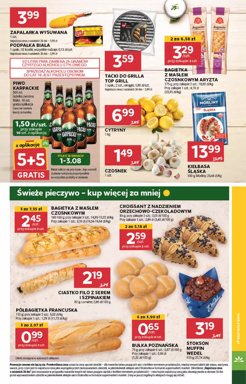 Gazetka promocyjna Stokrotka - Market - ważna 01.08 do 07.08.2024 - strona 17 - produkty: Bagietka, Bułka, Croissant, Czosnek, Gra, Grill, Karp, Kiełbasa, Mięso, Owoce, Półbagietka, Por, Ser, Szpinak, Top, Warzywa, Zapalarka