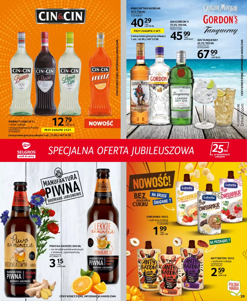 Gazetka promocyjna Selgros - Extra Oferta - ważna 15.06 do 29.06.2022 - strona 39 - produkty: Baton, Captain Morgan, Gin, Imbir, Owsianka, Piwo, Rum