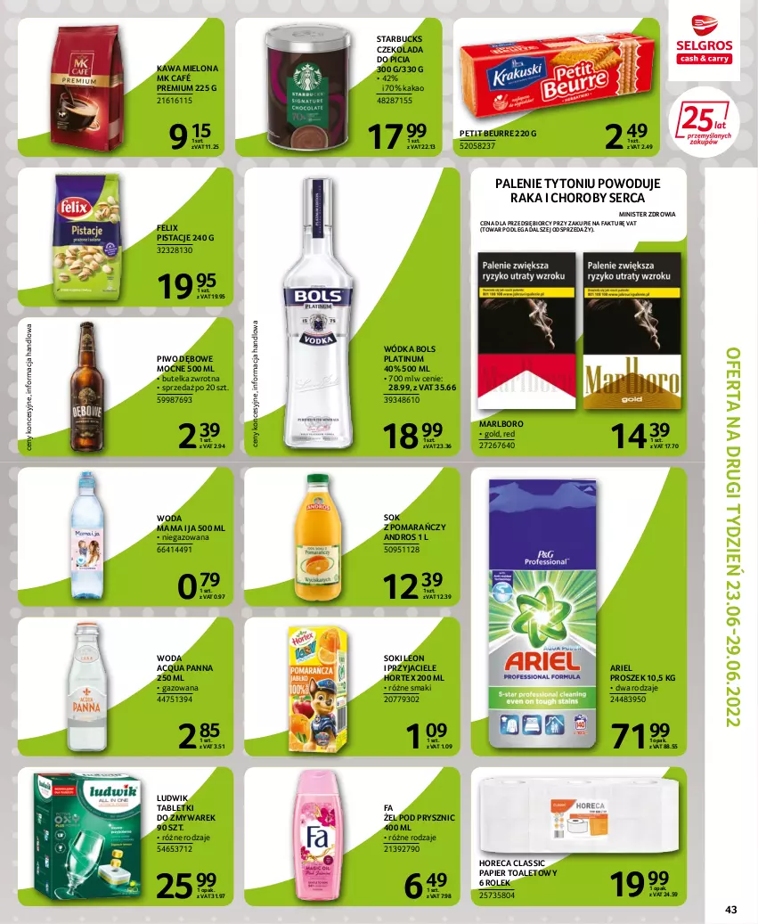 Gazetka promocyjna Selgros - Extra Oferta - ważna 15.06 do 29.06.2022 - strona 43 - produkty: Acqua Panna, Ariel, Bols, Czekolada, Fa, Felix, Hortex, Kakao, Kawa, Kawa mielona, Leon, Ludwik, Papier, Papier toaletowy, Pistacje, Piwo, Ser, Sok, Tablet, Woda, Wódka