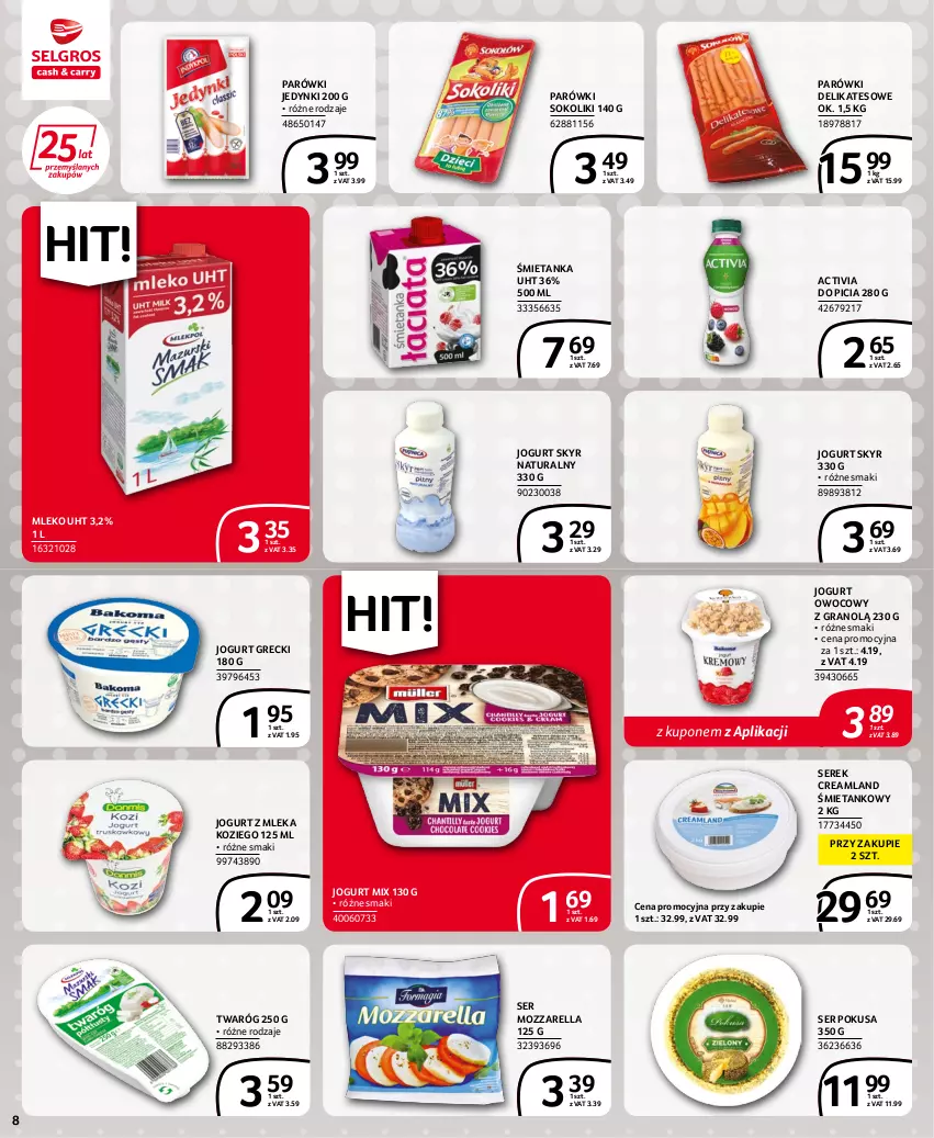 Gazetka promocyjna Selgros - Extra Oferta - ważna 15.06 do 29.06.2022 - strona 8 - produkty: Activia, Gra, Jogurt, Jogurt owocowy, Mleko, Mozzarella, Parówki, Parówki sokoliki, Ser, Serek, Sok, Twaróg