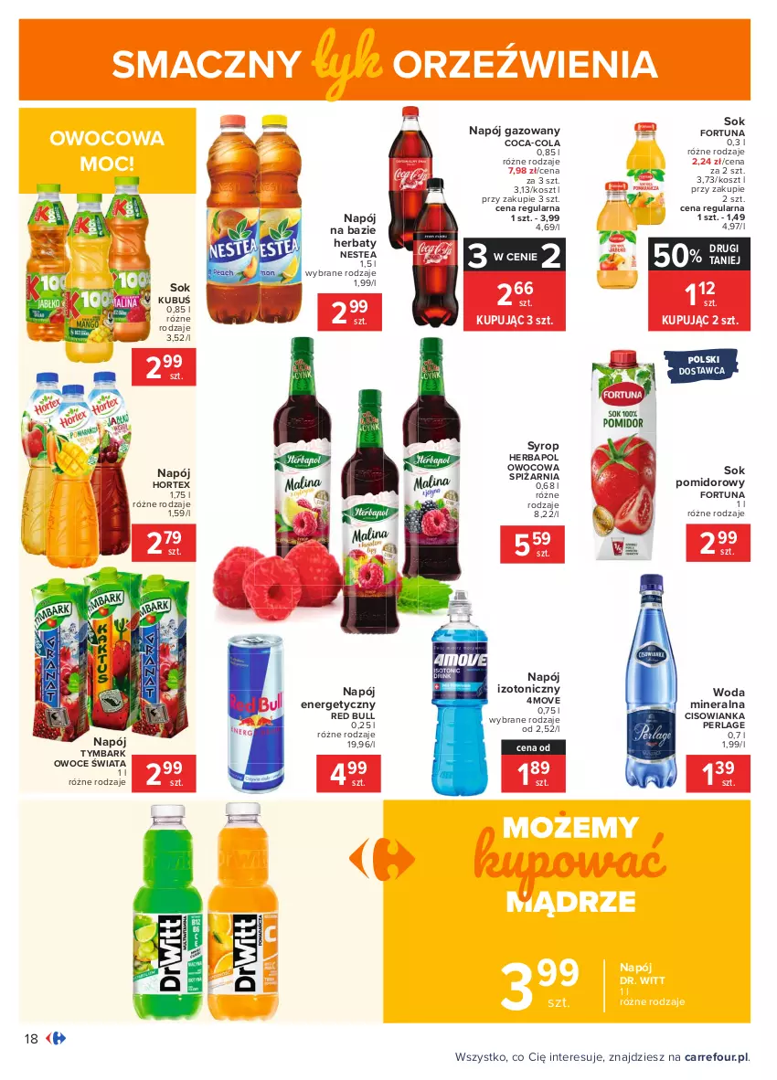 Gazetka promocyjna Carrefour - Gazetka Carrefour - ważna 01.02 do 13.02.2021 - strona 18 - produkty: Cisowianka, Coca-Cola, Fortuna, Herbapol, Hortex, Kosz, Kubuś, Napój, Napój energetyczny, Napój gazowany, Napój izotoniczny, Nestea, Owoce, Red Bull, Sok, Sok pomidorowy, Syrop, Tymbark, Woda, Woda mineralna