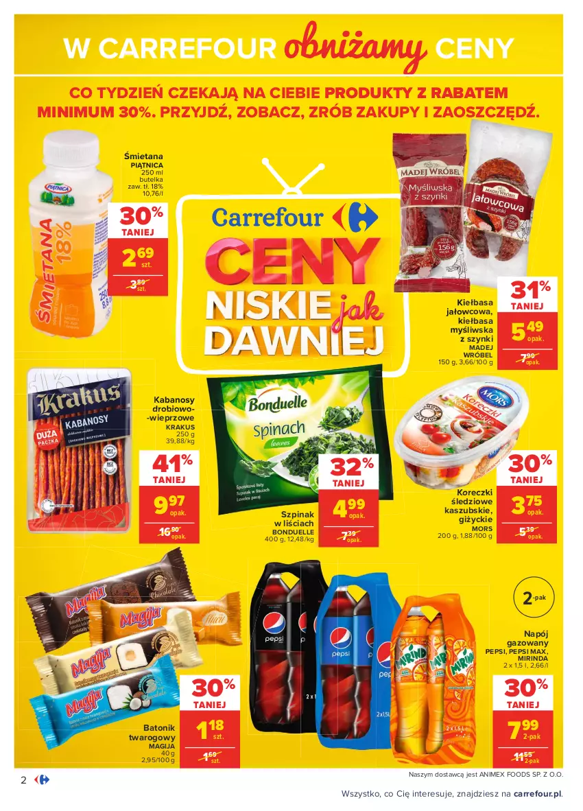 Gazetka promocyjna Carrefour - Gazetka Carrefour - ważna 01.02 do 13.02.2021 - strona 2 - produkty: Baton, Batonik twarogowy, Bonduelle, Kabanos, Kiełbasa, Koreczki śledziowe, Krakus, Madej Wróbel, Magija, Mirinda, Napój, Napój gazowany, Pepsi, Pepsi max, Piątnica, Szpinak, Tonik