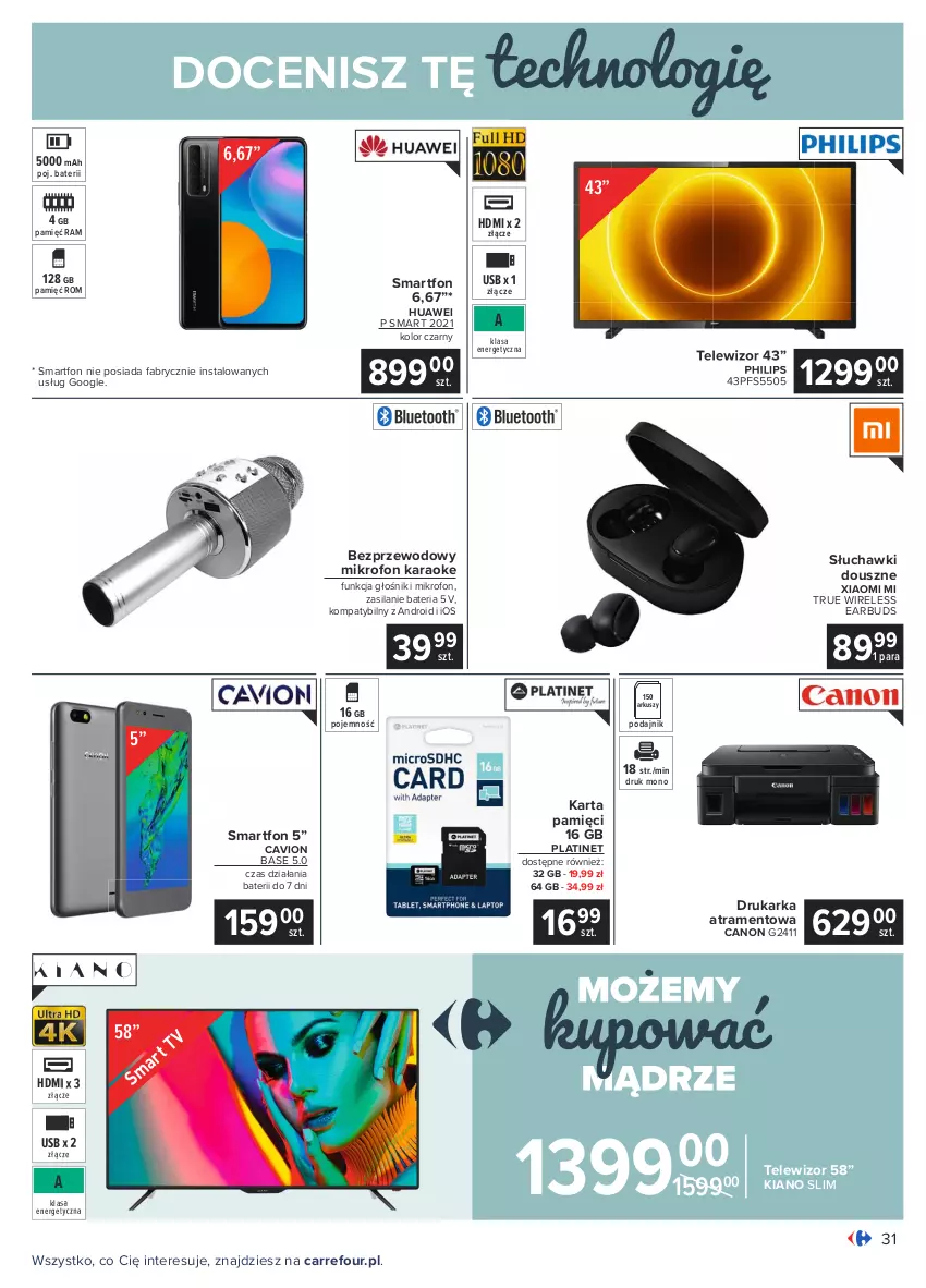 Gazetka promocyjna Carrefour - Gazetka Carrefour - ważna 01.02 do 13.02.2021 - strona 31 - produkty: Bateria, Canon, Drukarka, Fa, Głośnik, Huawei, Karta pamięci, Mikrofon, Philips, PLATINET, Silan, Słuchawki, Smartfon, Telewizor