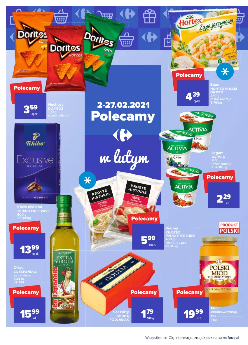 Gazetka promocyjna Carrefour - Gazetka Carrefour - ważna 01.02 do 13.02.2021 - strona 36 - produkty: Activia, Gin, Gouda, Hortex, Jogurt, Kawa, Kawa mielona, Miód, Ogród, Pierogi, Ser, Tchibo, Zupa