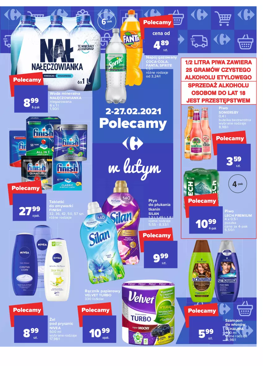 Gazetka promocyjna Carrefour - Gazetka Carrefour - ważna 01.02 do 13.02.2021 - strona 37 - produkty: Coca-Cola, Fa, Fanta, Finish, Gra, Lech Premium, Nałęczowianka, Napój, Napój gazowany, Nivea, Papier, Piwa, Piwo, Płyn do płukania, Ręcznik, Schauma, Silan, Somersby, Sprite, Szampon, Tablet, Tabletki do zmywarki, Velvet, Woda, Woda mineralna, Zmywarki