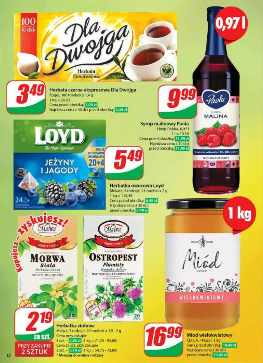 Gazetka promocyjna Dino - ważna 09.10 do 15.10.2024 - strona 4 - produkty: Herbata, Herbata czarna, Hoop, Jagody, Jeżyny, Loyd, Miecz, Miód, Ostropes, Paola, Syrop