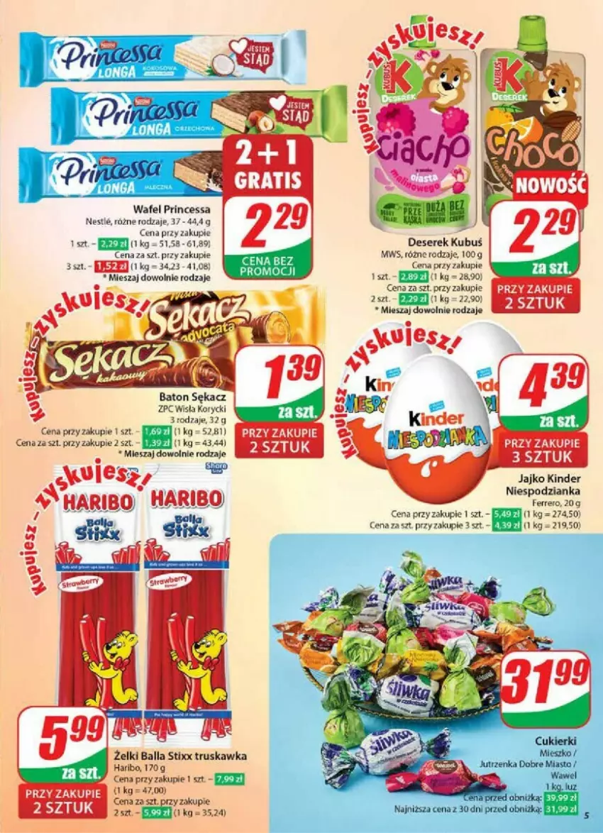 Gazetka promocyjna Dino - ważna 09.10 do 15.10.2024 - strona 45 - produkty: Baton, Cukier, Cukierki, Deser, Ferrero, Haribo, Jutrzenka, Kinder, Kubuś, Princessa, Sękacz, Ser, Serek, Wawel