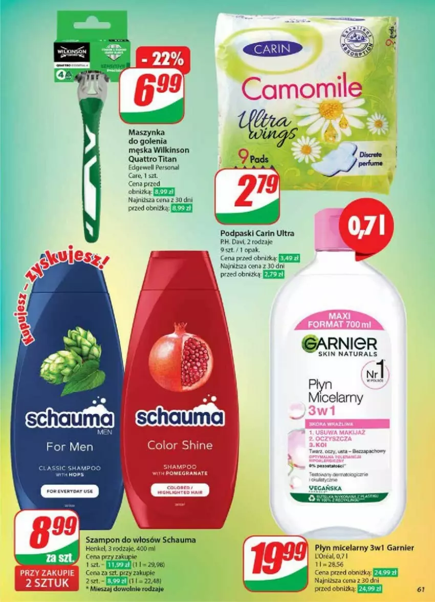 Gazetka promocyjna Dino - ważna 09.10 do 15.10.2024 - strona 58 - produkty: Garnier, Maszynka, Maszynka do golenia, Płyn micelarny, Podpaski, Schauma, Szampon, Szynka