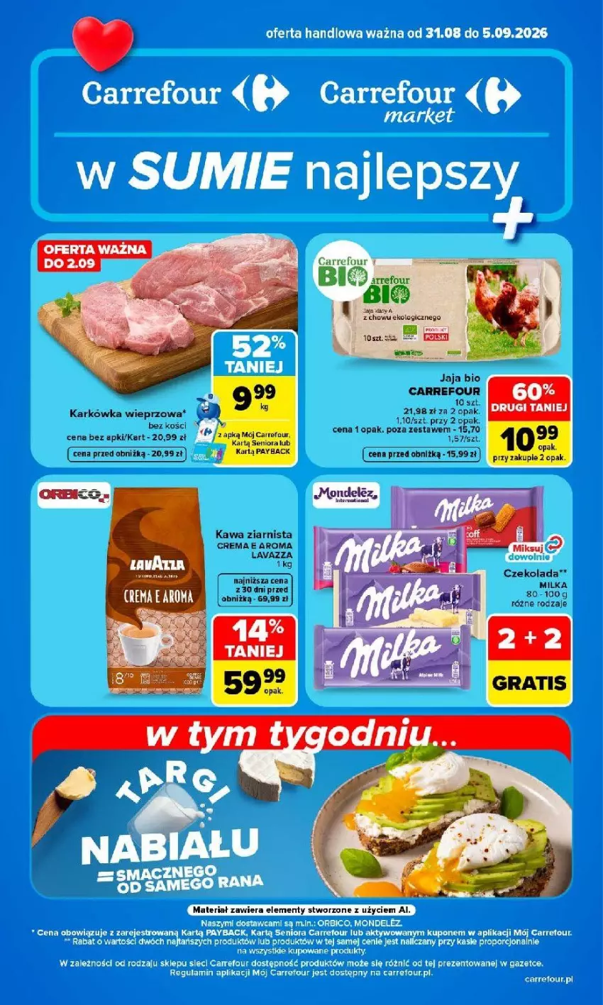 Gazetka promocyjna Carrefour - Gazetka Carrefour, Market w SUMIE najlpeszy, od poniedziałku - ważna 31.08 do 05.09.2026 - strona 1 - produkty: Czekolada, Fa, Jaja, Karkówka wieprzowa, Kawa, Kawa ziarnista, Lavazza, Milka