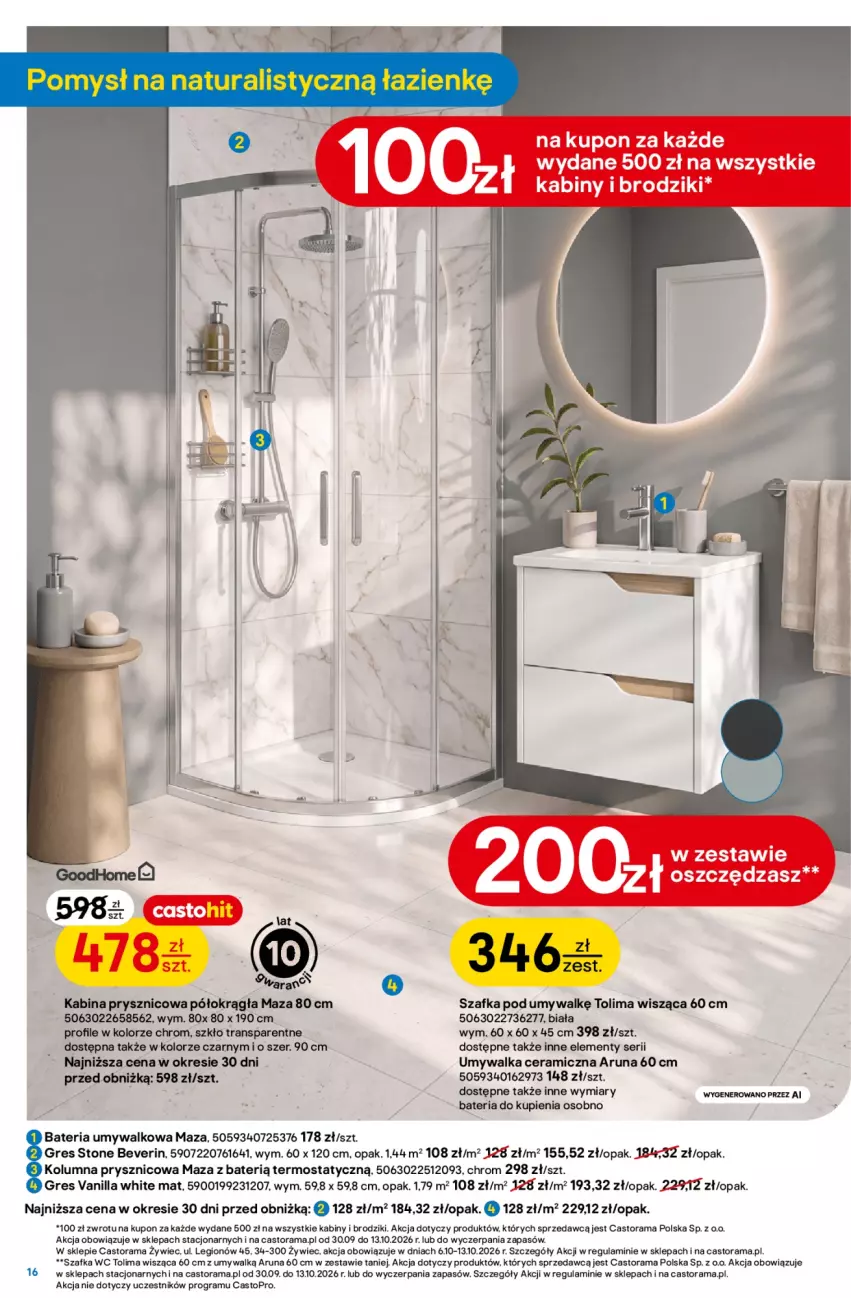 Gazetka promocyjna Castorama - Gazetka Narzędzia 30.09-13.10.2026 - ważna 30.09 do 13.10.2026 - strona 16 - produkty: Astor, Bateria, Bateria umywalkowa, Brodzik, Gra, Gres, Rama, Ser, Szafka, Szafka pod umywalkę, Termos, Top, Tran, Umywalka