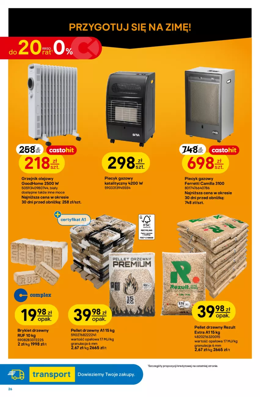 Gazetka promocyjna Castorama - Gazetka Narzędzia 30.09-13.10.2026 - ważna 30.09 do 13.10.2026 - strona 26 - produkty: Brykiet drzewny, Gra, Grzejnik, Olej, Pellet, Piec, Piecyk gazowy, Por, Sport, Tran