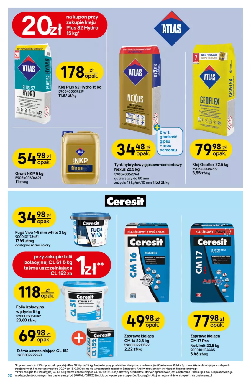 Gazetka promocyjna Castorama - Gazetka Narzędzia 30.09-13.10.2026 - ważna 30.09 do 13.10.2026 - strona 32 - produkty: Astor, Cement, Fa, Geoflex, Grunt, Klej, LG, Rama, Taśma uszczelniająca