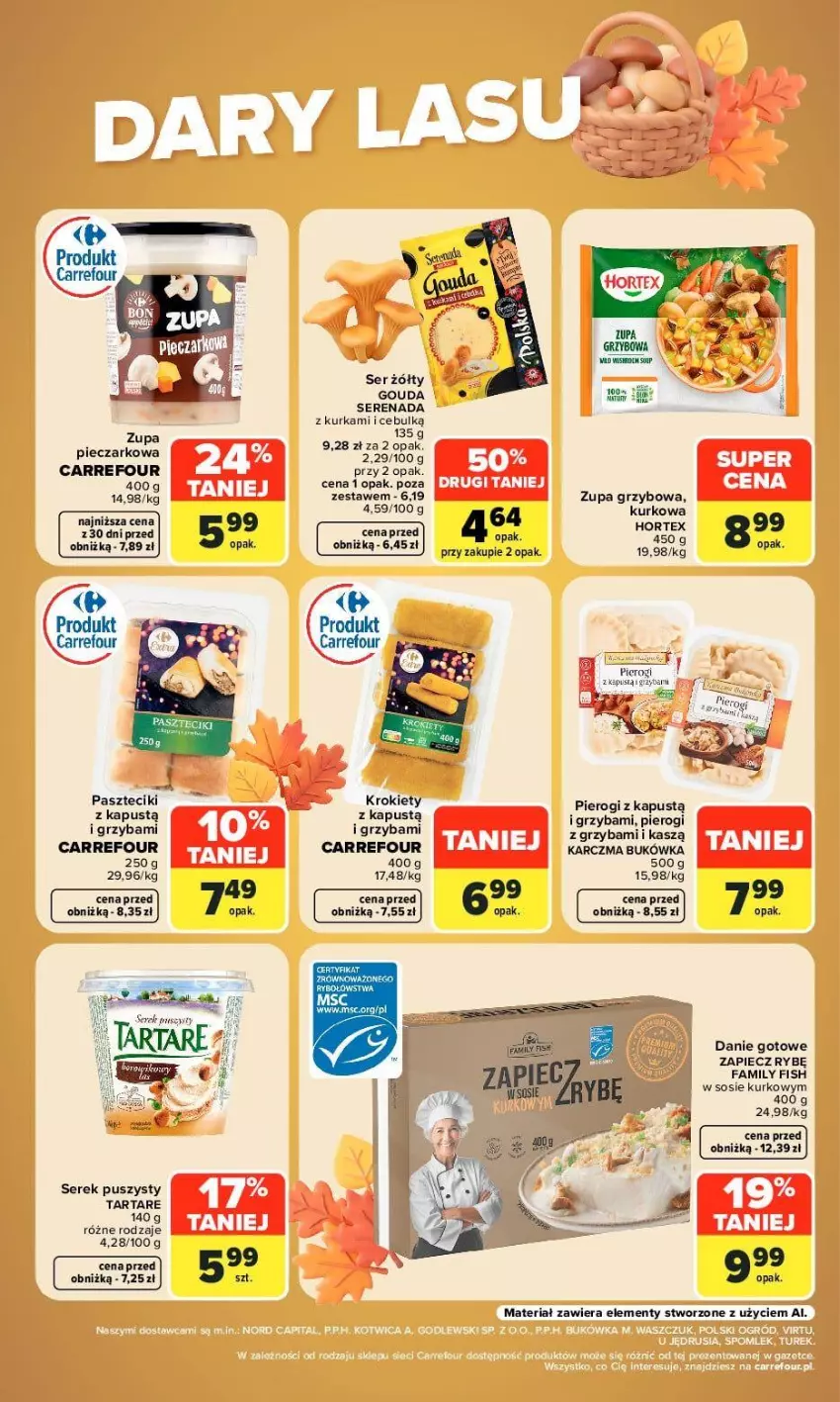 Gazetka promocyjna Carrefour - Gazetka Carrefour, Market w SUMIE sezon na grzyby - ważna 14.09 do 19.09.2026 - strona 2 - produkty: Danie gotowe, Fa, Gouda, Hortex, Kapustą, Koc, Krokiety, Piec, Pierogi, Ser, Serek, Serek puszysty, Sos, Tarta, Tartare, Zupa, Zupa pieczarkowa