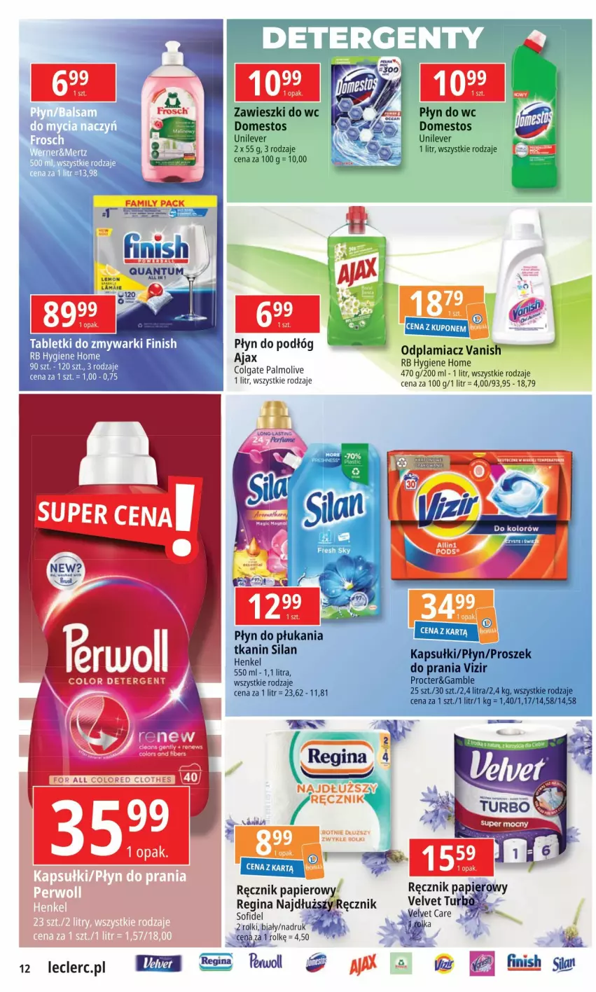 Gazetka promocyjna E Leclerc - ważna 07.05 do 18.05.2024 - strona 12 - produkty: Ajax, Colgate, Domestos, Finish, Gin, LG, Odplamiacz, Palmolive, Papier, Płyn do płukania, Płyn do wc, Ręcznik, Tablet, Tabletki do zmywarki, Tera, Vanish, Velvet, Vizir, Zawieszki, Zmywarki