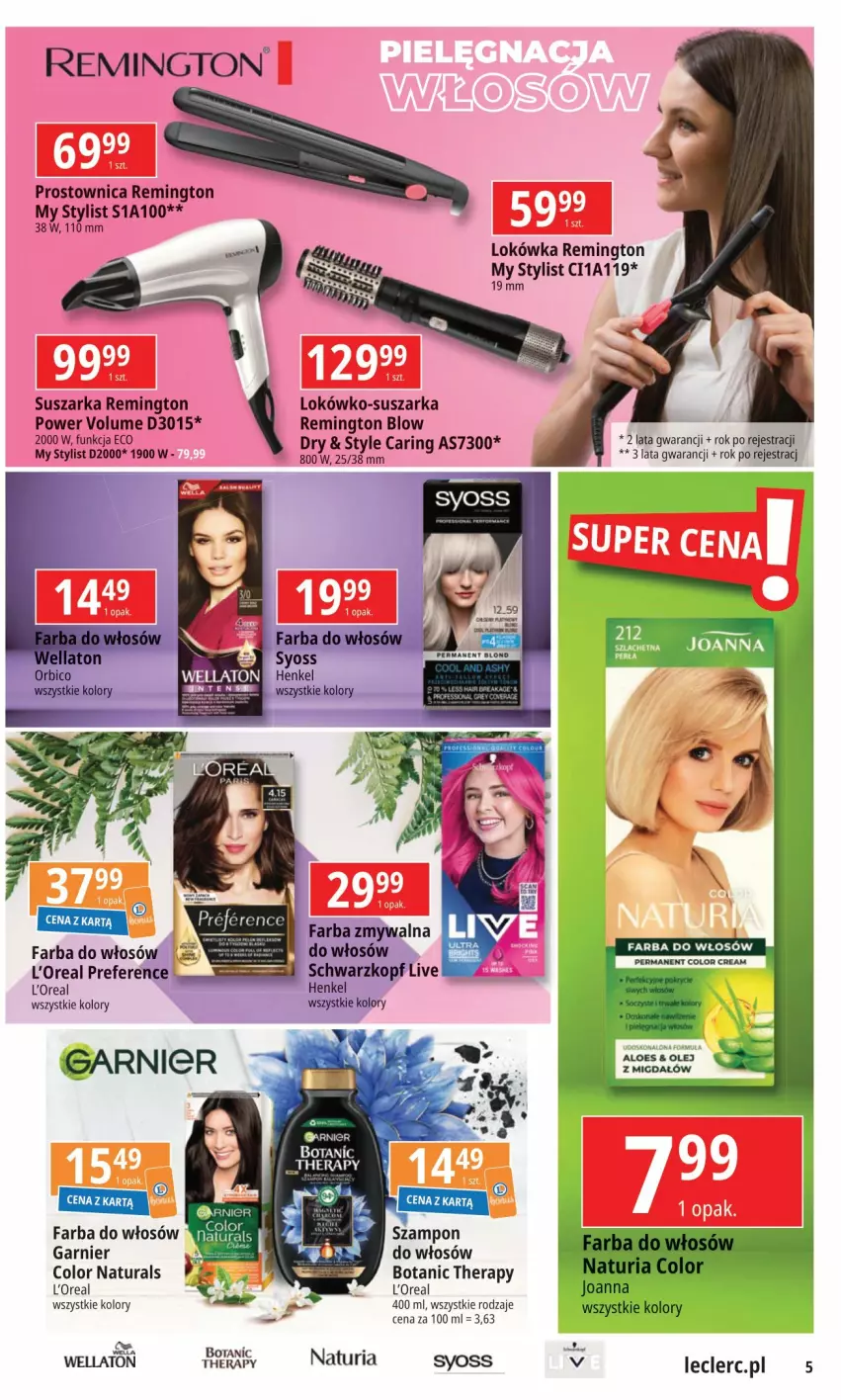 Gazetka promocyjna E Leclerc - ważna 07.05 do 18.05.2024 - strona 5 - produkty: Fa, Farba do włosów, Garnier, Joanna, Lokówka, Remington, Schwarzkopf, Suszarka, Syoss, Szampon, Wella