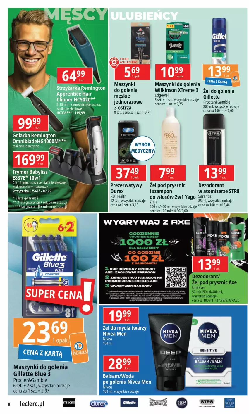 Gazetka promocyjna E Leclerc - ważna 07.05 do 18.05.2024 - strona 8 - produkty: Babyliss, Dezodorant, Durex, Gillette, Gry, Koc, Nivea, Nivea Men, Por, Prezerwatyw, Remington, Silan, Str8, Szampon, Woda, Ziaja