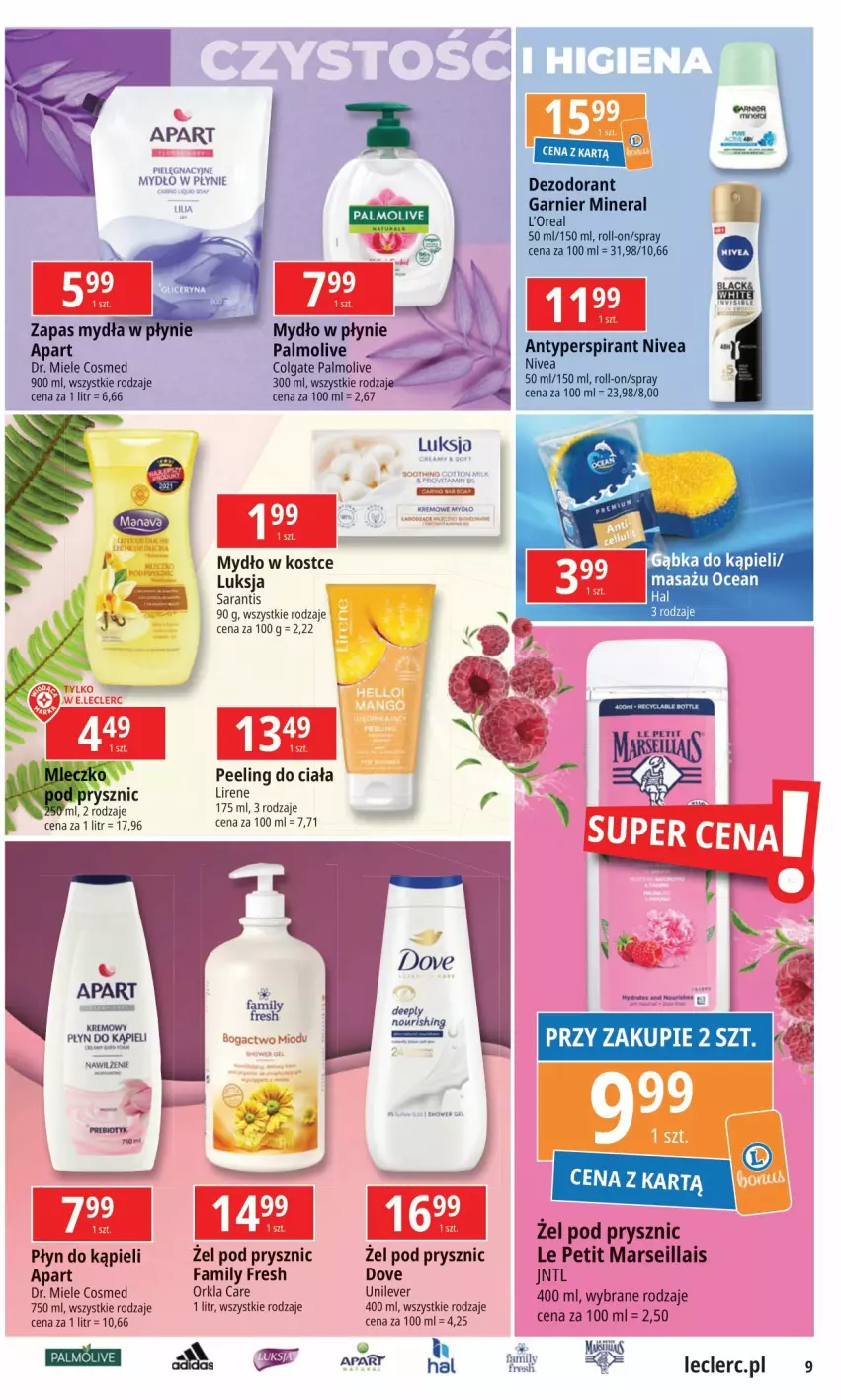 Gazetka promocyjna E Leclerc - ważna 07.05 do 18.05.2024 - strona 9 - produkty: Antyperspirant, Colgate, Dezodorant, Dove, Fa, Garnier, LG, Lirene, Luksja, Mango, Mars, Mydło, Nivea, Palmolive, Peeling, Płyn do kąpieli