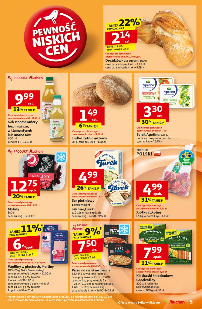 Gazetka promocyjna Auchan - Pewność Niskich Cen Moje - ważna 29.08 do 04.09.2024 - strona 5 - produkty: Ananas, Bazyl, Bazylia, Brie, Bułka, Camembert, Danio, Jabłka, Maliny, Morliny, Pizza, Ser, Ser pleśniowy, Serek, Sok