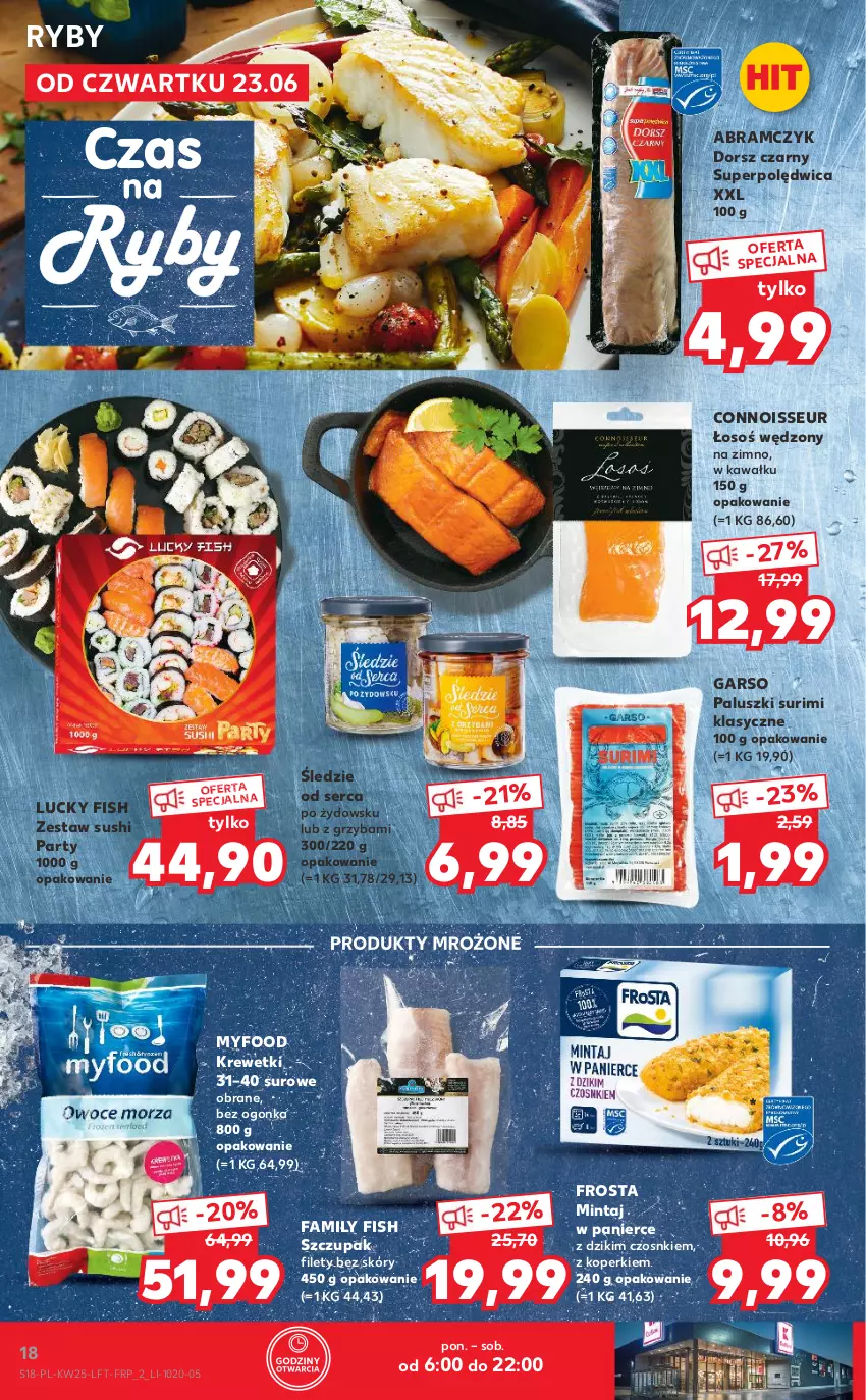 Gazetka promocyjna Kaufland - OFERTA TYGODNIA - ważna 23.06 do 29.06.2022 - strona 18 - produkty: Dorsz, Fa, Frosta, Kawa, Krewetki, Mintaj, Polędwica, Produkty mrożone, Ser, Surimi, Sushi, Zupa