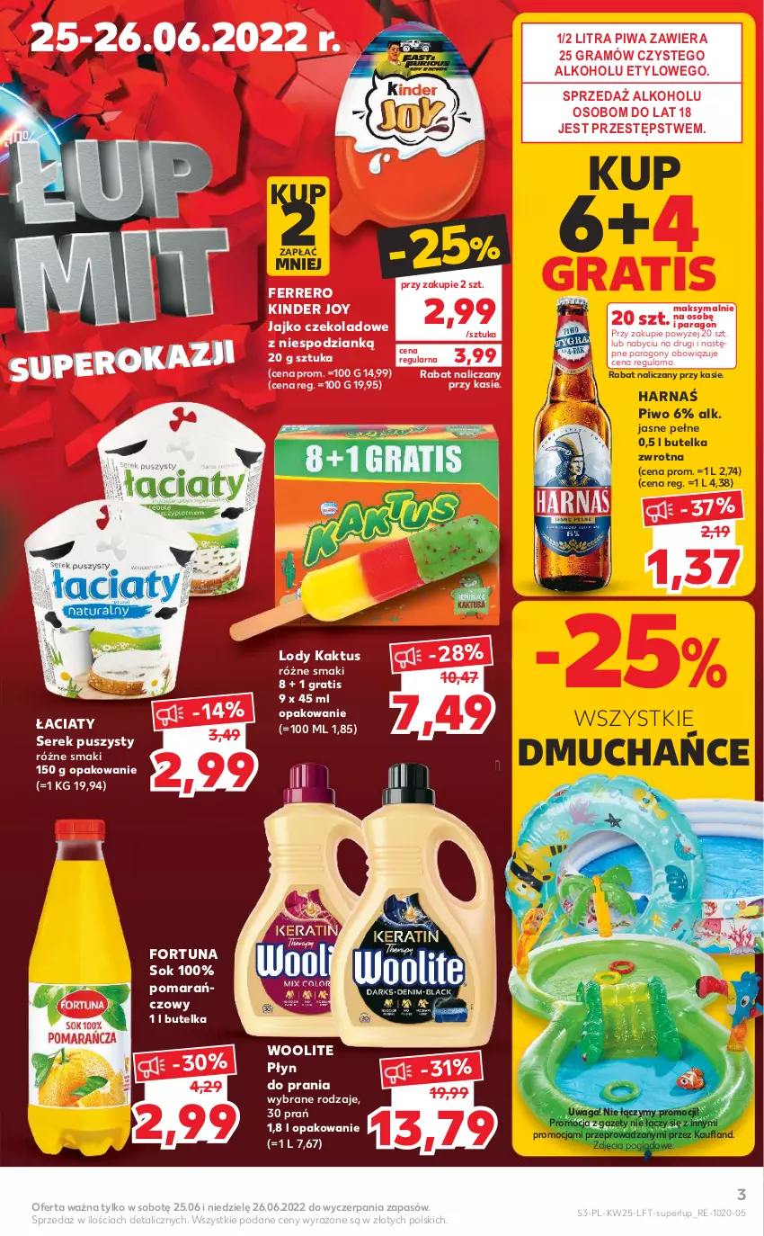 Gazetka promocyjna Kaufland - OFERTA TYGODNIA - ważna 23.06 do 29.06.2022 - strona 3 - produkty: Ferrero, Fortuna, Gra, Harnaś, Kaktus, Kinder, Lody, Piwa, Piwo, Płyn do prania, Ser, Serek, Serek puszysty, Sok, Waga, Woolite