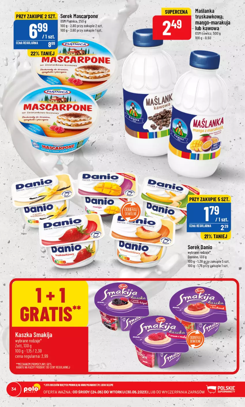 Gazetka promocyjna PoloMarket - Gazetka pomocyjna - ważna 24.05 do 30.05.2023 - strona 34 - produkty: Danio, Danone, Mascarpone, Maślanka, Piątnica, Piec, Por, Ser, Serek