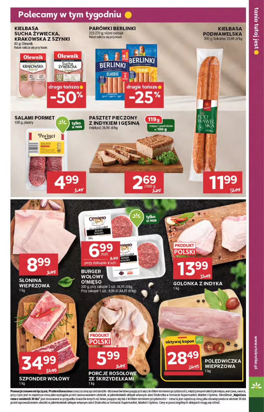 Gazetka promocyjna Stokrotka - Market - ważna 05.02 do 11.02.2026 - strona 11 - produkty: Berlinki, Burger, Kiełbasa, Mięso, Olewnik, Optima, Owoce, Parówki, Pasztet, Piec, Polędwiczka wieprzowa, Por, Salami, Sok, Sokołów, Szponder wołowy, Warzywa, Wawel