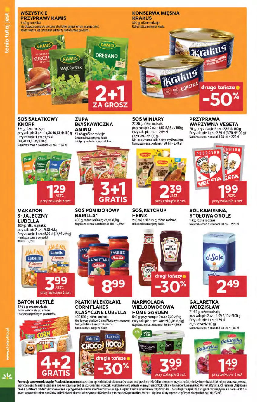 Gazetka promocyjna Stokrotka - Market - ważna 05.02 do 11.02.2026 - strona 18 - produkty: Barilla, Baton, Bell, Bella, Corn flakes, Gala, Galaretka, Gin, Gra, Heinz, Kamis, Ketchup, Knorr, Krakus, Lubella, Makaron, Marmolada, Mięso, Mleko, Mola, Optima, Owoce, Przyprawy, Ryż, Sałat, Ser, Sól, Sos, Sos pomidorowy, Torebka, Vegeta, Warzywa, Winiary, Zupa