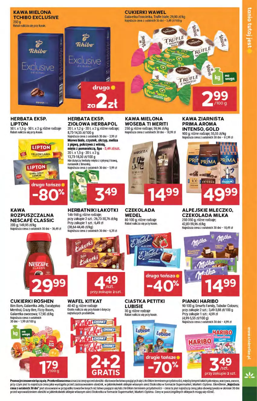 Gazetka promocyjna Stokrotka - Market - ważna 05.02 do 11.02.2026 - strona 19 - produkty: Ciastka, Cukier, Cukierki, Czekolada, Fa, Gala, Galaretka, Gra, Haribo, Herbapol, Herbata, Herbatniki, Kawa, Kawa mielona, Kawa ziarnista, Kiwi, LG, Lipton, Lubisie, Mięso, Mięta, Milka, Mleczko, Optima, Owoce, Prima, Rum, Stek, Tchibo, Warzywa, Wawel, Woseba