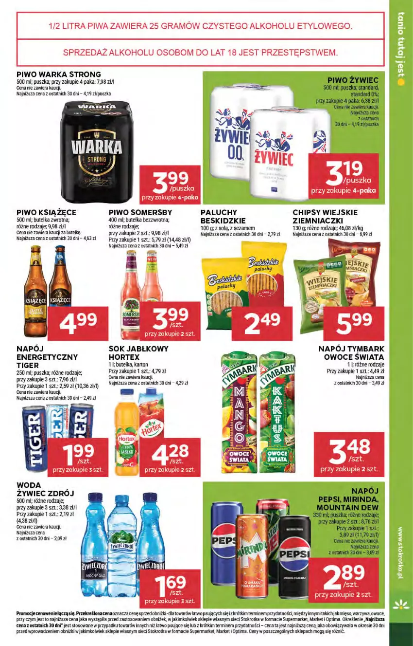 Gazetka promocyjna Stokrotka - Market - ważna 05.02 do 11.02.2026 - strona 25 - produkty: Beskidzki, Chipsy, Gra, Hortex, Książęce, Mięso, Mirinda, Napój, Optima, Owoce, Pepsi, Piwa, Piwo, Sezam, Sok, Sok jabłkowy, Somersby, Tiger, Tymbark, Warka, Warzywa, Woda