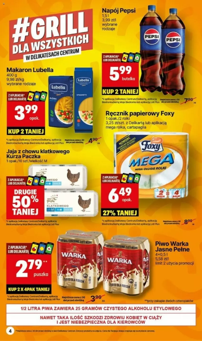 Gazetka promocyjna Delikatesy Centrum - ważna 13.05 do 19.05.2024 - strona 16 - produkty: Bell, Bella, Dell, Foxy, Jaja, Lubella, Makaron, Napój, Orka, Papier, Pepsi, Piwa, Ręcznik, Rolki, Rum