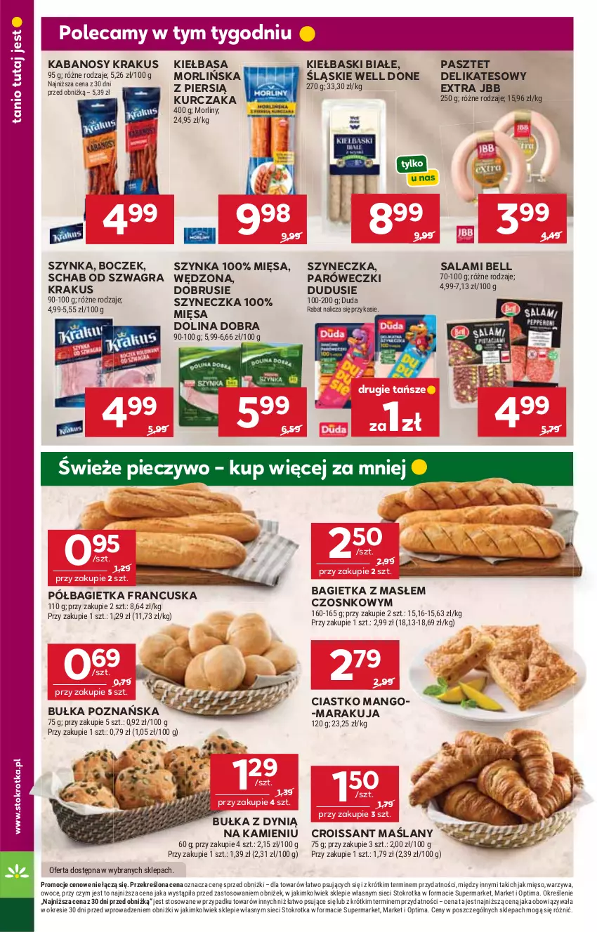 Gazetka promocyjna Stokrotka - Supermarket - ważna 15.10 do 21.10.2026 - strona 20 - produkty: Bagietka, Bell, Boczek, Bułka, Croissant, Duda, Dynią, Gra, Kabanos, Kiełbasa, Kiełbaski białe, Krakus, Kurczak, Mango, Mięso, Morliny, Obrus, Optima, Owoce, Pasztet, Piec, Pieczywo, Półbagietka, Salami, Szynka, Warzywa