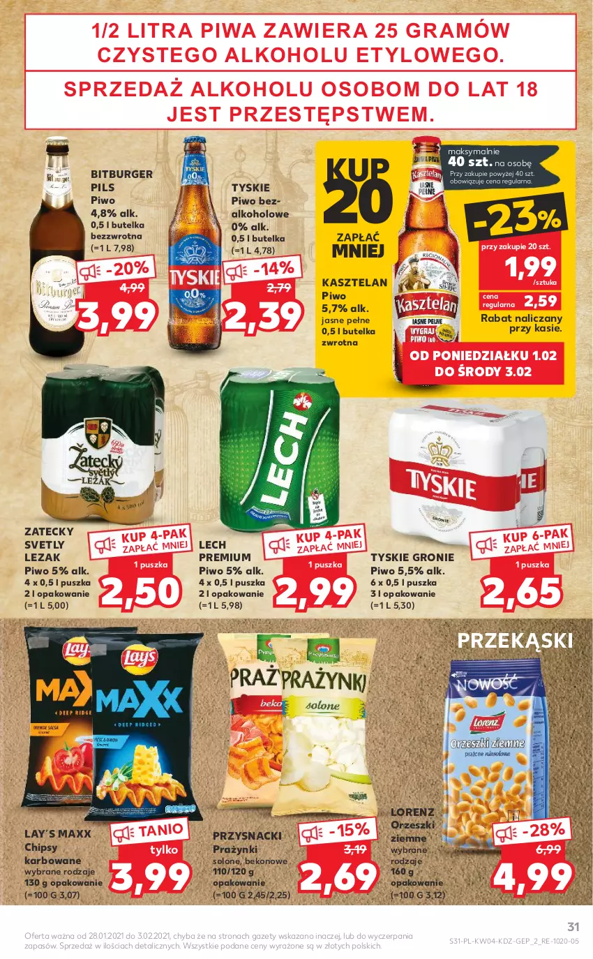 Gazetka promocyjna Kaufland - Tylko Bałwan Przepłaca - ważna 28.01 do 03.02.2021 - strona 31 - produkty: Beko, Bitburger Pils, Burger, Chipsy, Kasztelan, Lorenz, Orzeszki, Orzeszki ziemne, Piwa, Piwo, Przysnacki, Tyskie