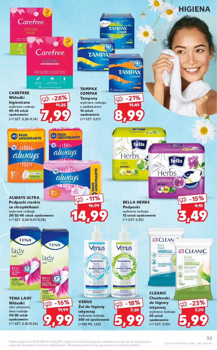 Gazetka promocyjna Kaufland - Tylko Bałwan Przepłaca - ważna 28.01 do 03.02.2021 - strona 33 - produkty: Always, Always Ultra, Bell, Bella, Carefree, Chusteczki, Chusteczki do higieny, Cleanic, Pax, Podpaski, Tampax, Tampony, Venus, Wkładki