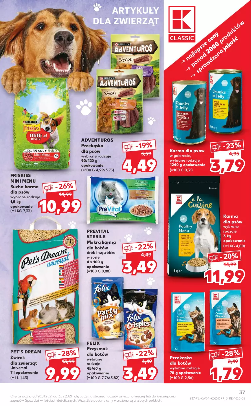 Gazetka promocyjna Kaufland - Tylko Bałwan Przepłaca - ważna 28.01 do 03.02.2021 - strona 37 - produkty: Adventuros, Drób, Felix, Friskies, Gala, Mokra karma, Przekąska dla kotów, Przekąska dla psów, Sos, Sucha karma